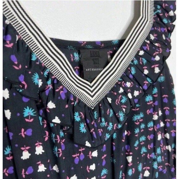 Anthropologie Anna Sui silk  Black Floral Mini Dress Striped V-Neck Trim, size 2 - Picture 6 of 6